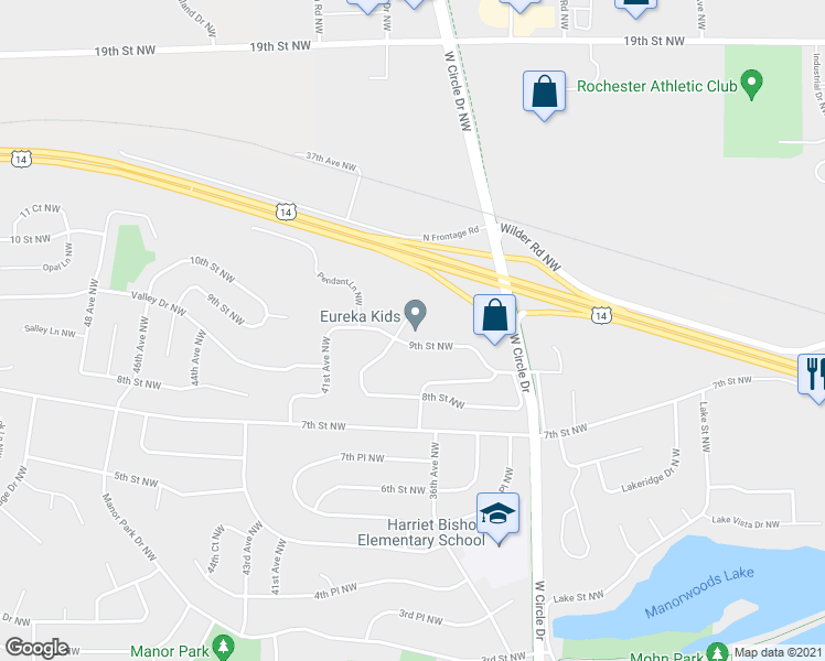 map of restaurants, bars, coffee shops, grocery stores, and more near 3675 9th Street Northwest in Rochester