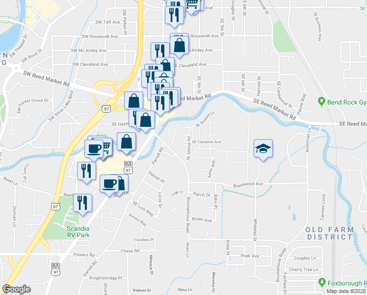 map of restaurants, bars, coffee shops, grocery stores, and more near 20435 Angel Court in Bend