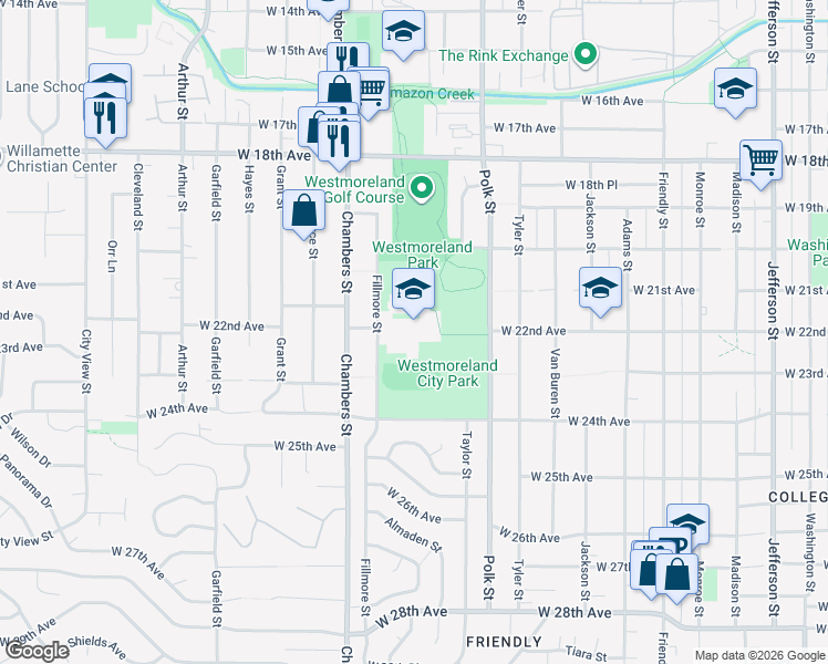 map of restaurants, bars, coffee shops, grocery stores, and more near 1650 West 22nd Avenue in Eugene