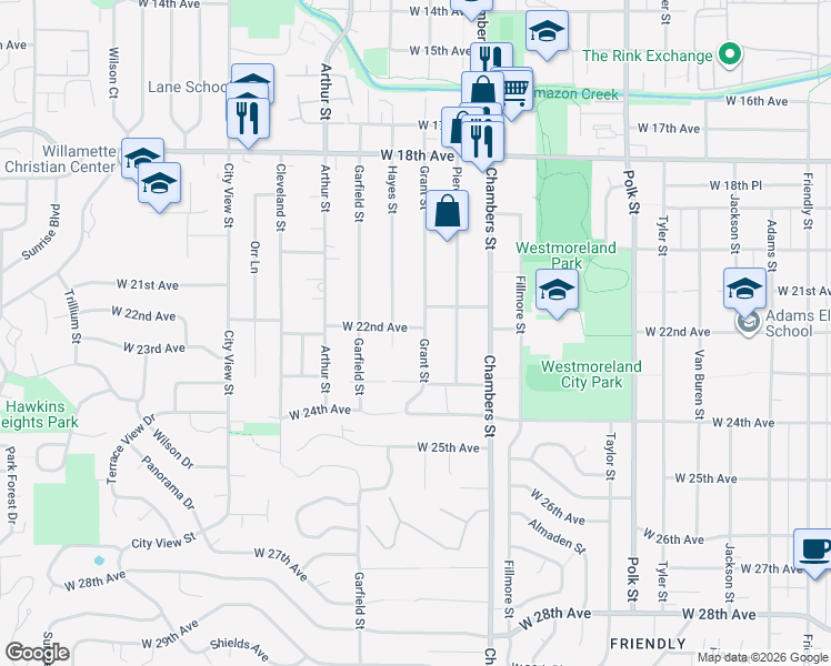 map of restaurants, bars, coffee shops, grocery stores, and more near 2231 Grant Street in Eugene