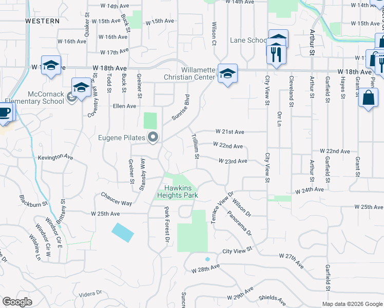map of restaurants, bars, coffee shops, grocery stores, and more near 2285 Trillium Street in Eugene