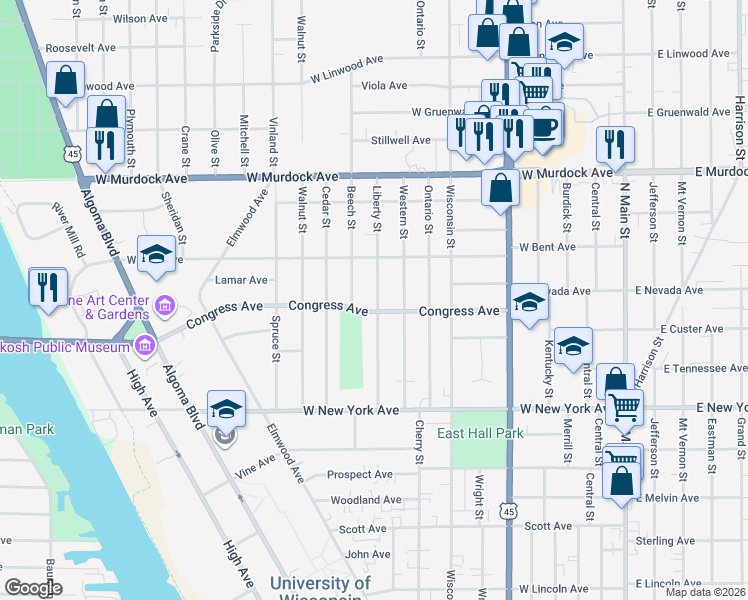 map of restaurants, bars, coffee shops, grocery stores, and more near 1402 Liberty Street in Oshkosh