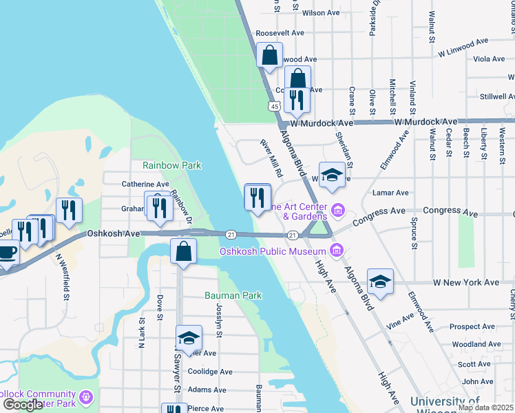 map of restaurants, bars, coffee shops, grocery stores, and more near 1545 Arboretum Drive in Oshkosh