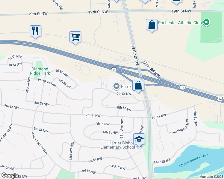 map of restaurants, bars, coffee shops, grocery stores, and more near 3675 9th Street Northwest in Rochester
