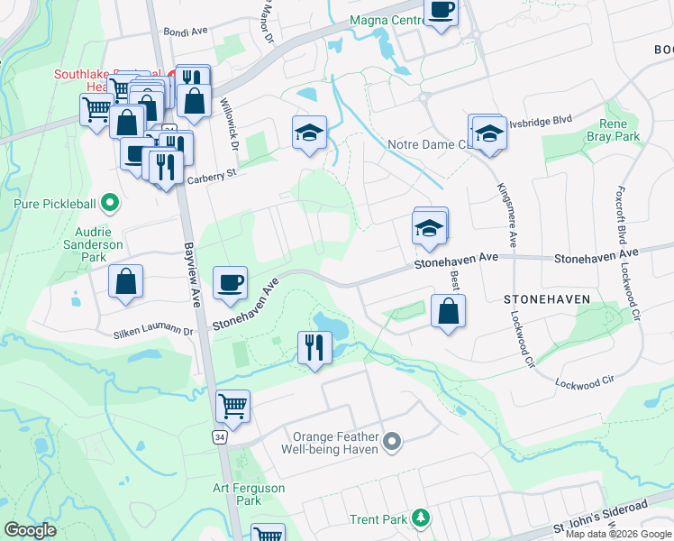 map of restaurants, bars, coffee shops, grocery stores, and more near 735 Stonehaven Avenue in Newmarket