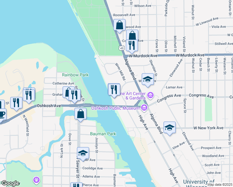 map of restaurants, bars, coffee shops, grocery stores, and more near 1515 Arboretum Drive in Oshkosh