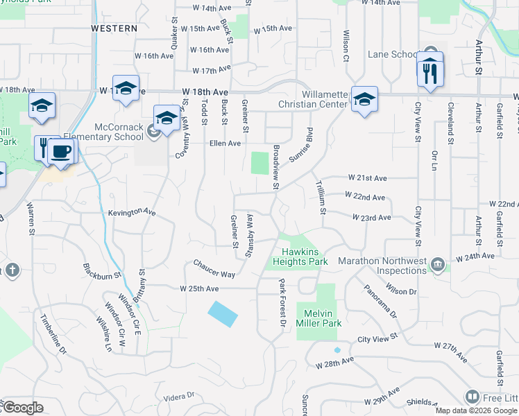 map of restaurants, bars, coffee shops, grocery stores, and more near 3335 Park Hills Drive in Eugene