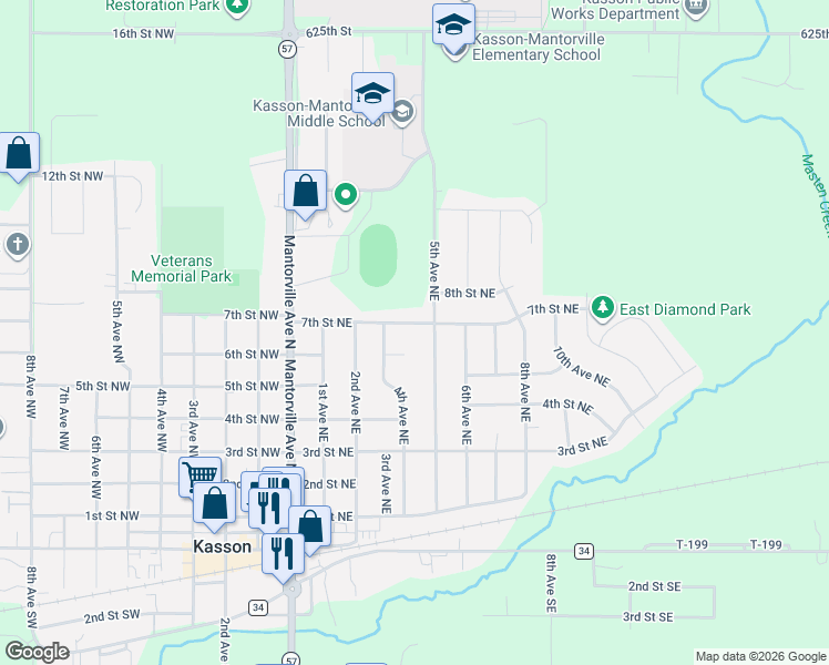 map of restaurants, bars, coffee shops, grocery stores, and more near 408 7th Street Northeast in Kasson