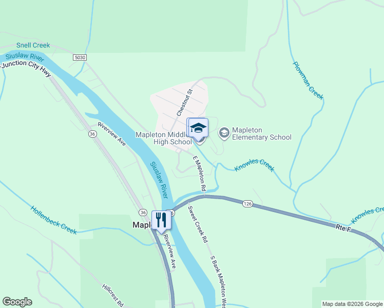 map of restaurants, bars, coffee shops, grocery stores, and more near 10868 East Mapleton Road in Mapleton