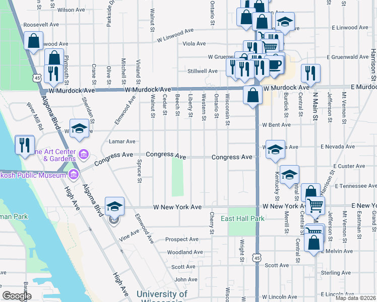 map of restaurants, bars, coffee shops, grocery stores, and more near 1402 Liberty Street in Oshkosh