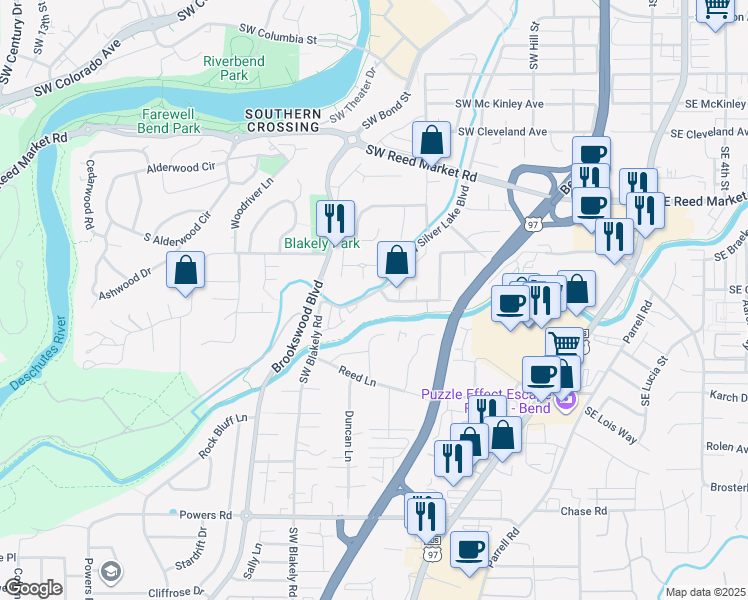 map of restaurants, bars, coffee shops, grocery stores, and more near 1268 Southwest Silver Lake Boulevard in Bend