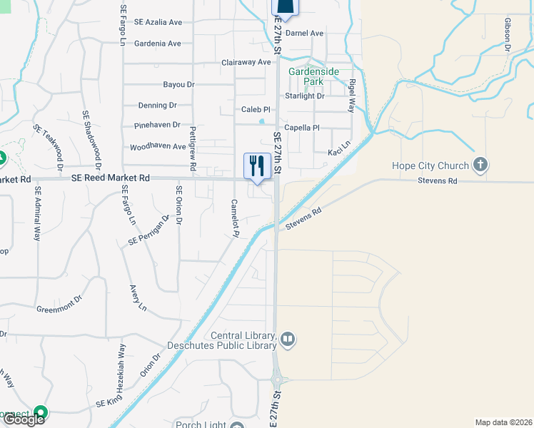 map of restaurants, bars, coffee shops, grocery stores, and more near 21186 Southeast King Arthur Court in Bend