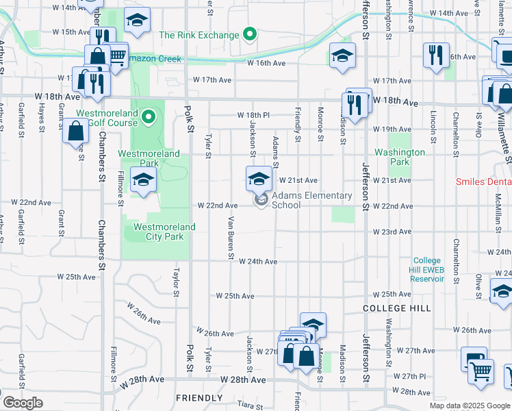 map of restaurants, bars, coffee shops, grocery stores, and more near 985 West 22nd Avenue in Eugene