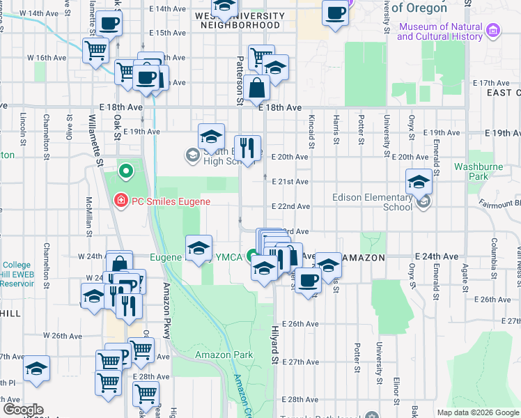 map of restaurants, bars, coffee shops, grocery stores, and more near 690 East 22nd Avenue in Eugene