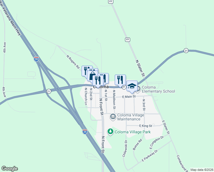 map of restaurants, bars, coffee shops, grocery stores, and more near 120 East Follett Drive in Coloma