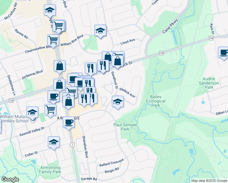 map of restaurants, bars, coffee shops, grocery stores, and more near 29 United Circle in Newmarket