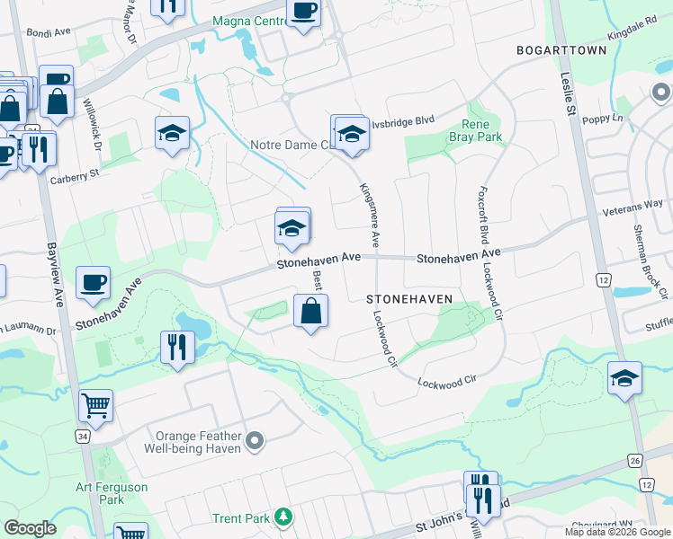 map of restaurants, bars, coffee shops, grocery stores, and more near 800 Norwick Road in Newmarket