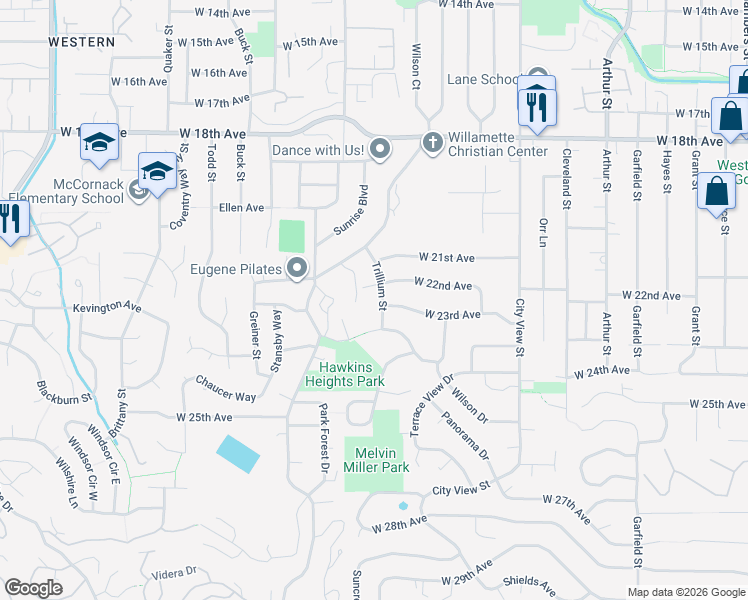 map of restaurants, bars, coffee shops, grocery stores, and more near 2285 Trillium Street in Eugene