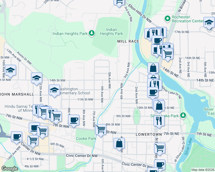 map of restaurants, bars, coffee shops, grocery stores, and more near 1215 5th Avenue Northwest in Rochester