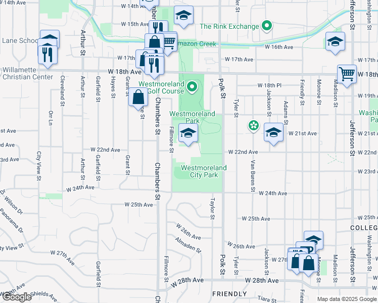 map of restaurants, bars, coffee shops, grocery stores, and more near 1650 West 22nd Avenue in Eugene