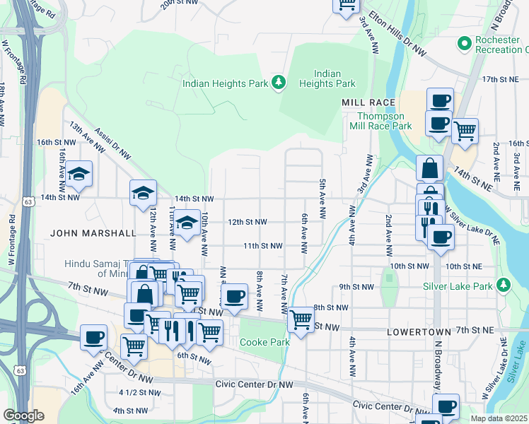 map of restaurants, bars, coffee shops, grocery stores, and more near 1214 8th Avenue Northwest in Rochester