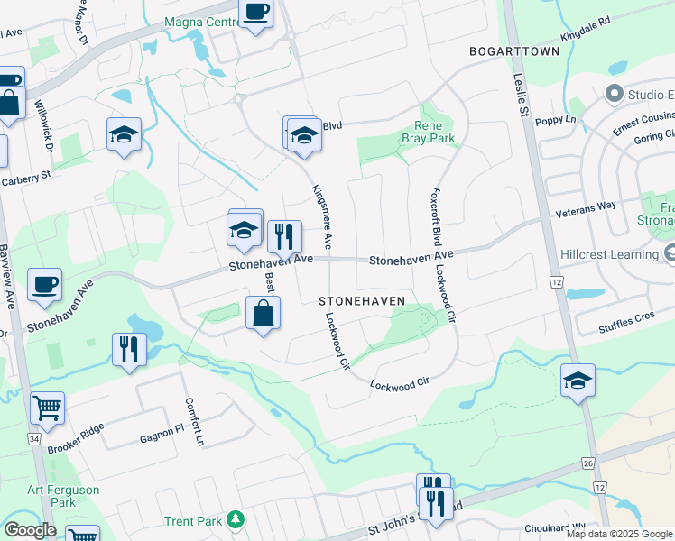 map of restaurants, bars, coffee shops, grocery stores, and more near 808 Lockwood Circle in Newmarket