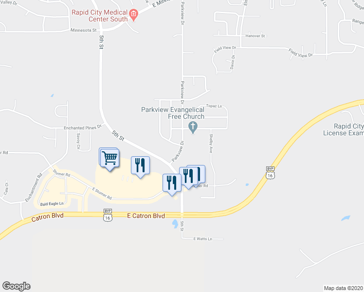 map of restaurants, bars, coffee shops, grocery stores, and more near 4341 Parkview Drive in Rapid City