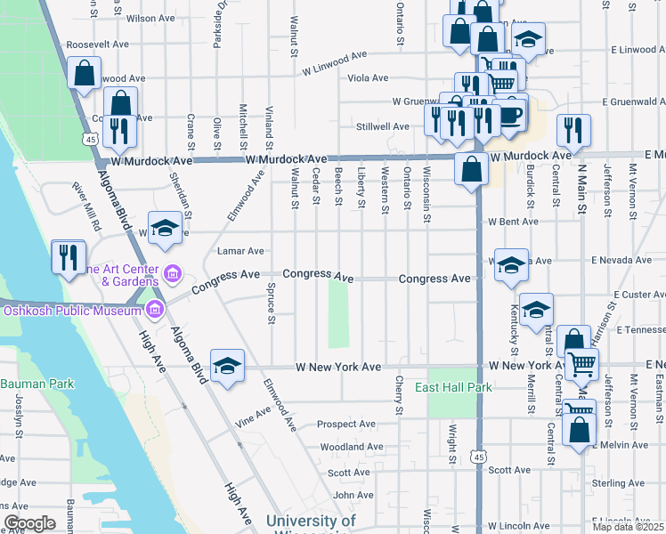 map of restaurants, bars, coffee shops, grocery stores, and more near 1002 Congress Avenue in Oshkosh