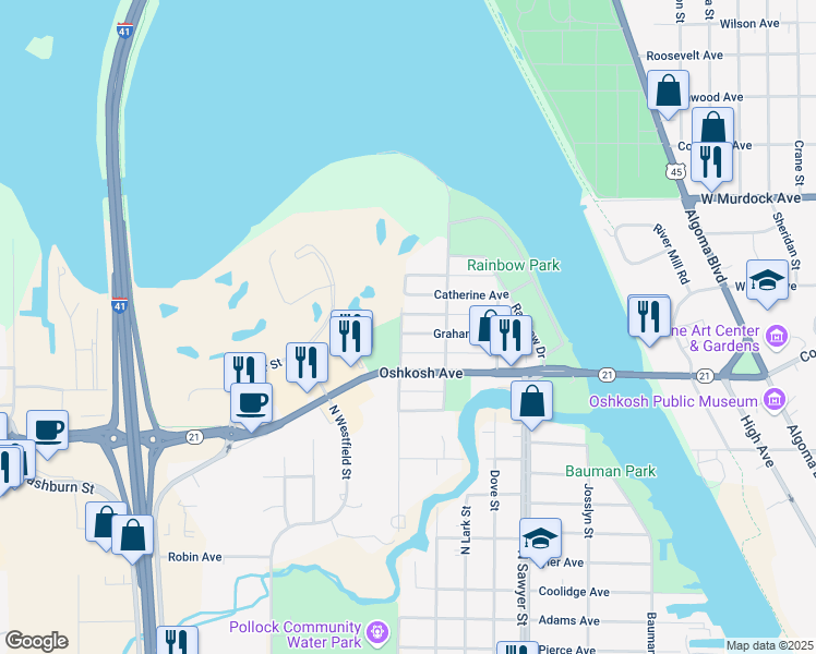 map of restaurants, bars, coffee shops, grocery stores, and more near 1502 North Eagle Street in Oshkosh