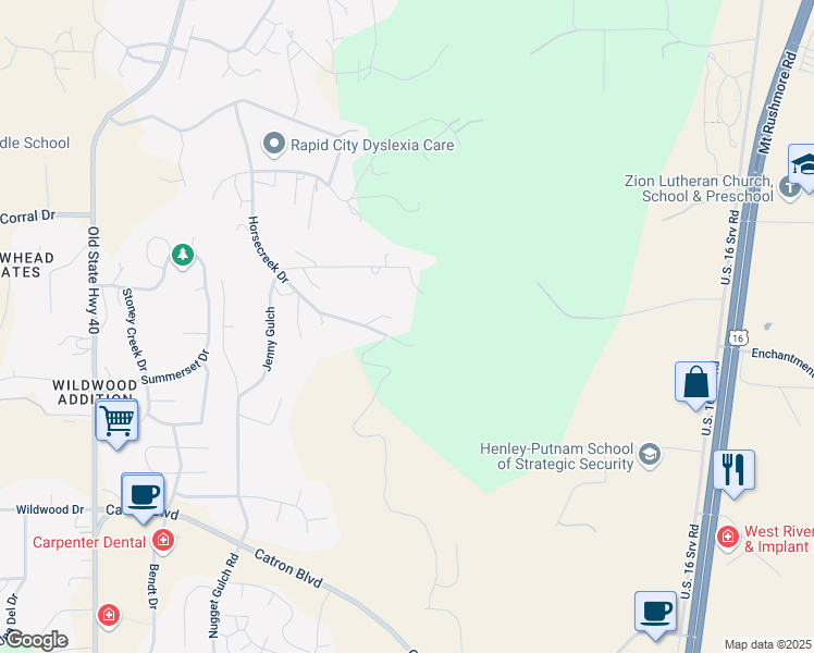 map of restaurants, bars, coffee shops, grocery stores, and more near 2402 Happy Hollow in Rapid City