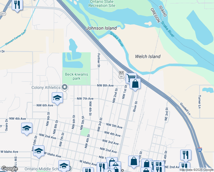 map of restaurants, bars, coffee shops, grocery stores, and more near 784 Northwest 3rd Street in Ontario