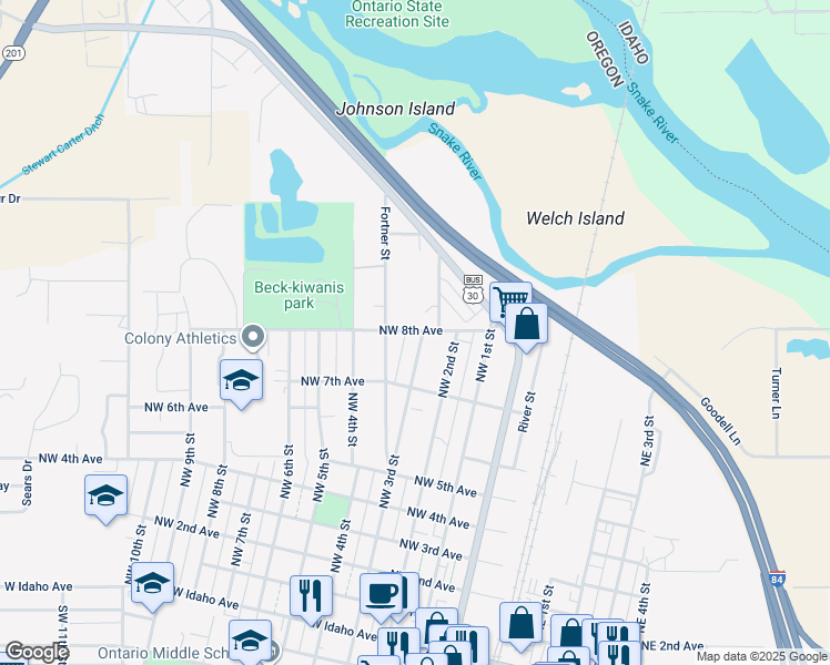 map of restaurants, bars, coffee shops, grocery stores, and more near 784 Northwest 3rd Street in Ontario