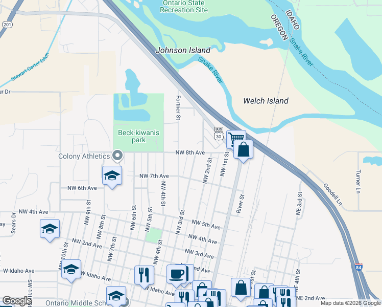 map of restaurants, bars, coffee shops, grocery stores, and more near 784 Northwest 3rd Street in Ontario