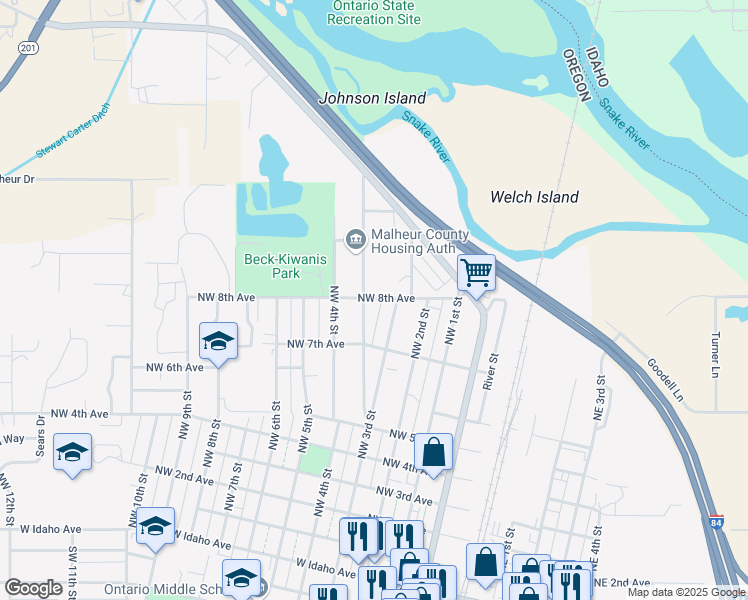 map of restaurants, bars, coffee shops, grocery stores, and more near 794 Fortner Street in Ontario