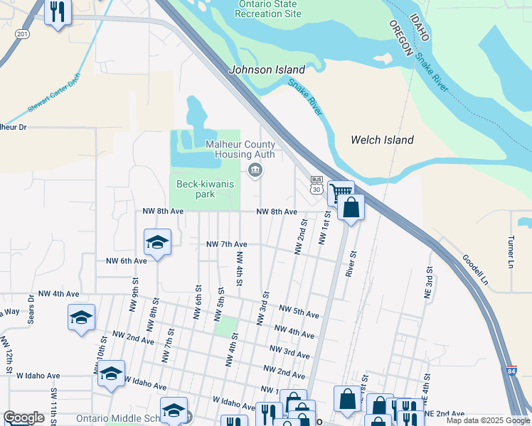 map of restaurants, bars, coffee shops, grocery stores, and more near 794 Fortner Street in Ontario