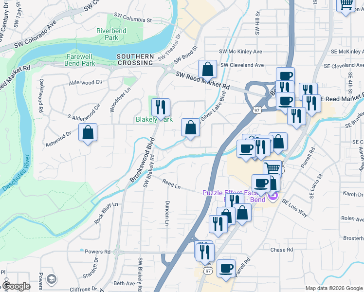 map of restaurants, bars, coffee shops, grocery stores, and more near 1264 Southwest Silver Lake Boulevard in Bend