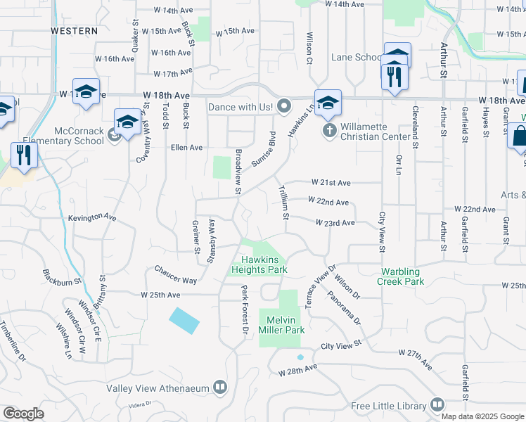 map of restaurants, bars, coffee shops, grocery stores, and more near 2127 Hawkins Lane in Eugene