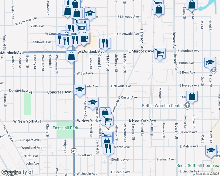 map of restaurants, bars, coffee shops, grocery stores, and more near 1428 North Main Street in Oshkosh