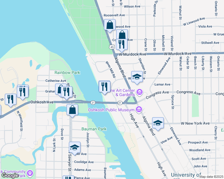 map of restaurants, bars, coffee shops, grocery stores, and more near 1515 Arboretum Drive in Oshkosh