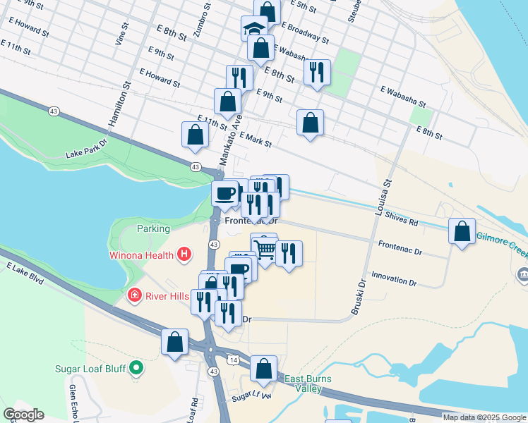 map of restaurants, bars, coffee shops, grocery stores, and more near 940 Frontenac Drive in Winona