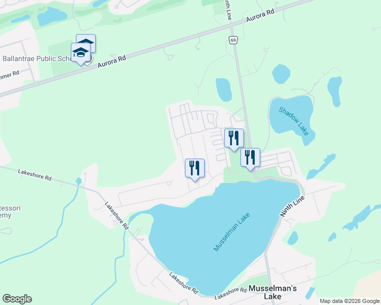 map of restaurants, bars, coffee shops, grocery stores, and more near 32 Elmvale Boulevard in Whitchurch-Stouffville