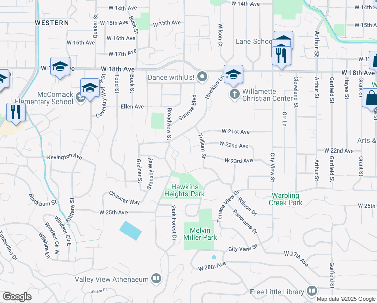 map of restaurants, bars, coffee shops, grocery stores, and more near 2127 Hawkins Lane in Eugene