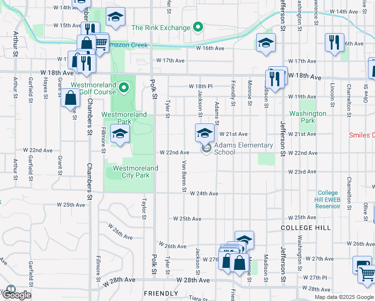 map of restaurants, bars, coffee shops, grocery stores, and more near 1095 West 22nd Avenue in Eugene