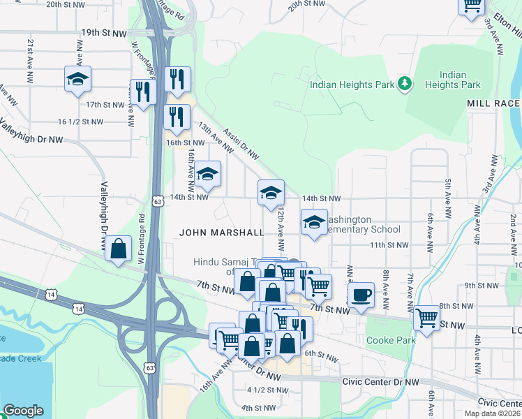 map of restaurants, bars, coffee shops, grocery stores, and more near 1205 12th Avenue Northwest in Rochester