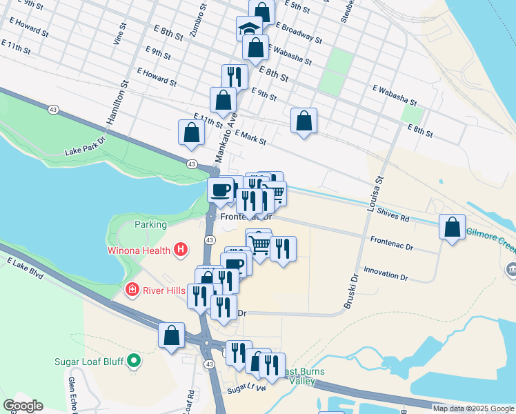 map of restaurants, bars, coffee shops, grocery stores, and more near 940 Frontenac Drive in Winona