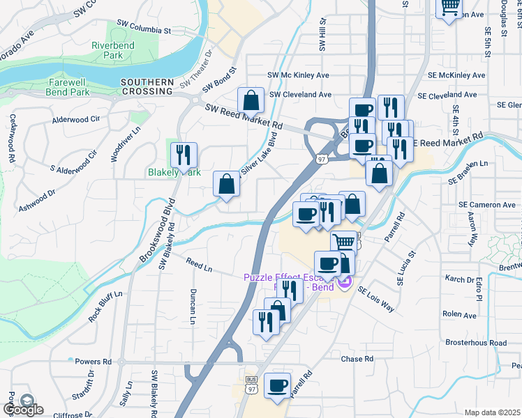 map of restaurants, bars, coffee shops, grocery stores, and more near 1298 Southwest Wheeler Place in Bend