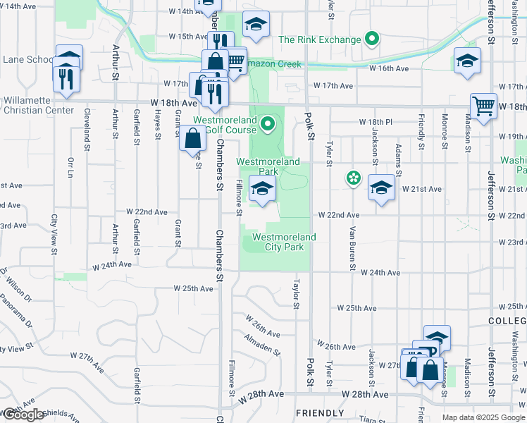 map of restaurants, bars, coffee shops, grocery stores, and more near 1650 West 22nd Avenue in Eugene