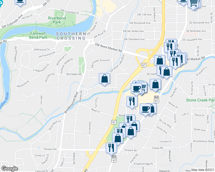 map of restaurants, bars, coffee shops, grocery stores, and more near 1295 Southwest Mill Pond Place in Bend