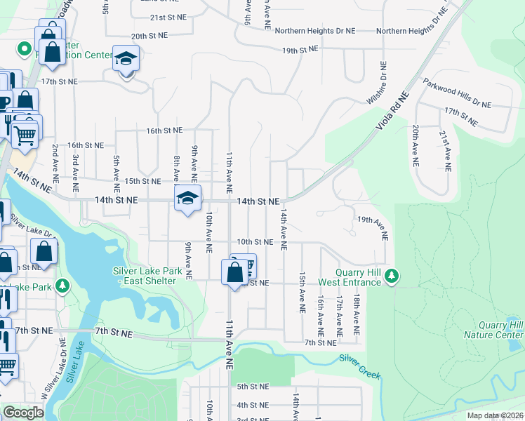map of restaurants, bars, coffee shops, grocery stores, and more near 1301 13th Avenue Northeast in Rochester
