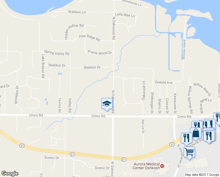 map of restaurants, bars, coffee shops, grocery stores, and more near 1363 North Oakwood Road in Oshkosh